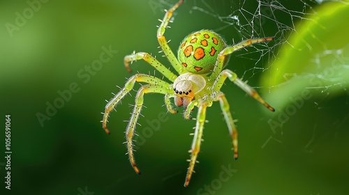 Macro Photograph Of A Small Green Spider With Orange Spots Hanging In Its Web With A Green Blurred Plant Background