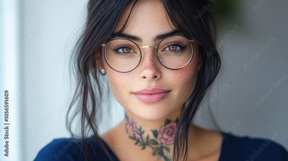 A stylish young woman showcasing her floral tattoos and glasses smiles warmly at the camera while standing in a sunlit interior. The atmosphere is inviting and relaxed. A stylish young woman showcasing her floral tattoos and glasses smiles warmly at the camera while standing in a sunlit interior. The atmosphere is inviting and relaxed.