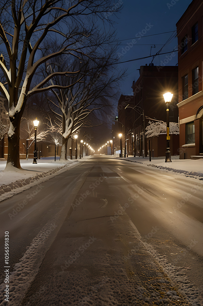 Fototapeta premium Winter city street at night with fresh snow covering the pavement, soft yellow streetlights casting a warm glow, and empty sidewalks creating a quiet, peaceful urban winter scene.