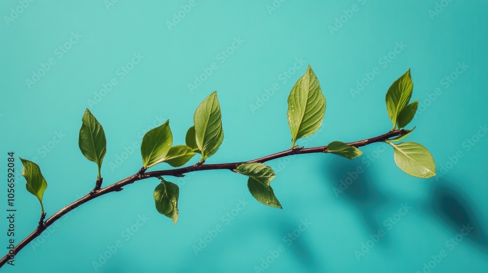 New green leaves on a branch set against a blue background illustrating themes of nature and growth New green leaves on a branch set against a blue background illustrating themes of nature and growth