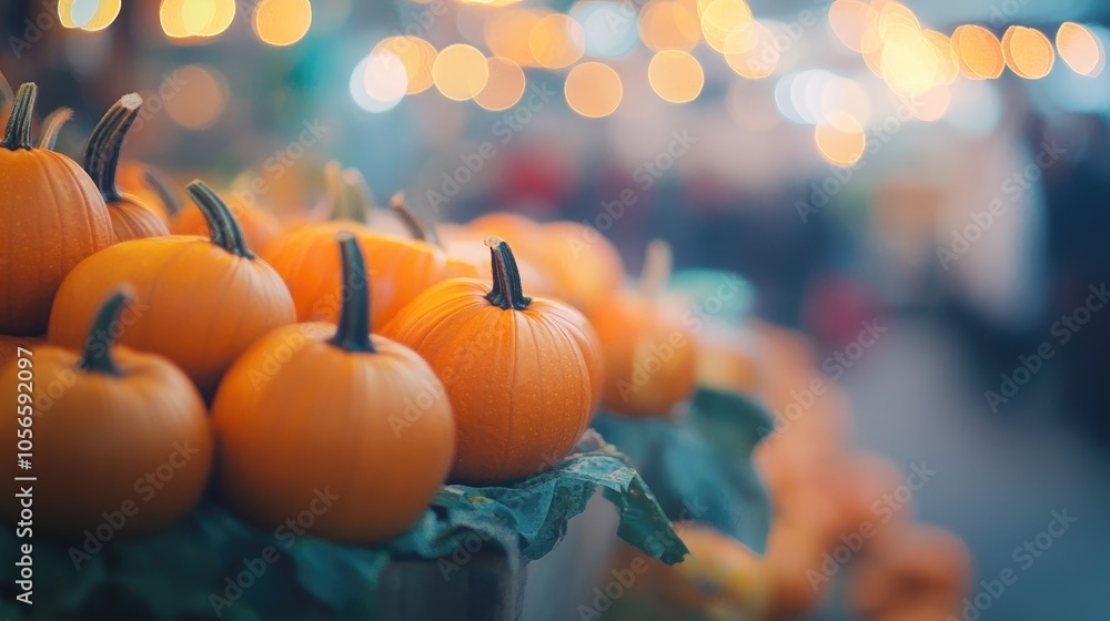 Small pumpkins arranged at a market enhanced by festive bokeh lights creating a lively atmosphere Small pumpkins arranged at a market enhanced by festive bokeh lights creating a lively atmosphere