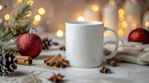 Mockup of a white ceramic tea mug with holiday decorations for Christmas promotions.