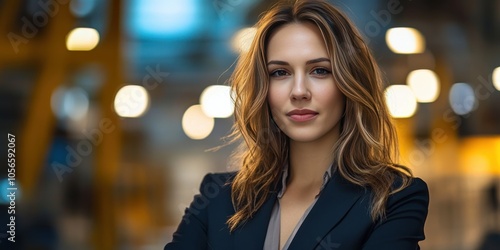 Confident Businesswoman in Modern Office Setting with Soft Bokeh Background