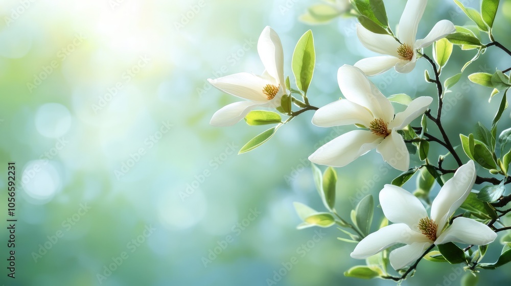 White magnolia flower branch with a lush green spring backdrop White magnolia flower branch with a lush green spring backdrop