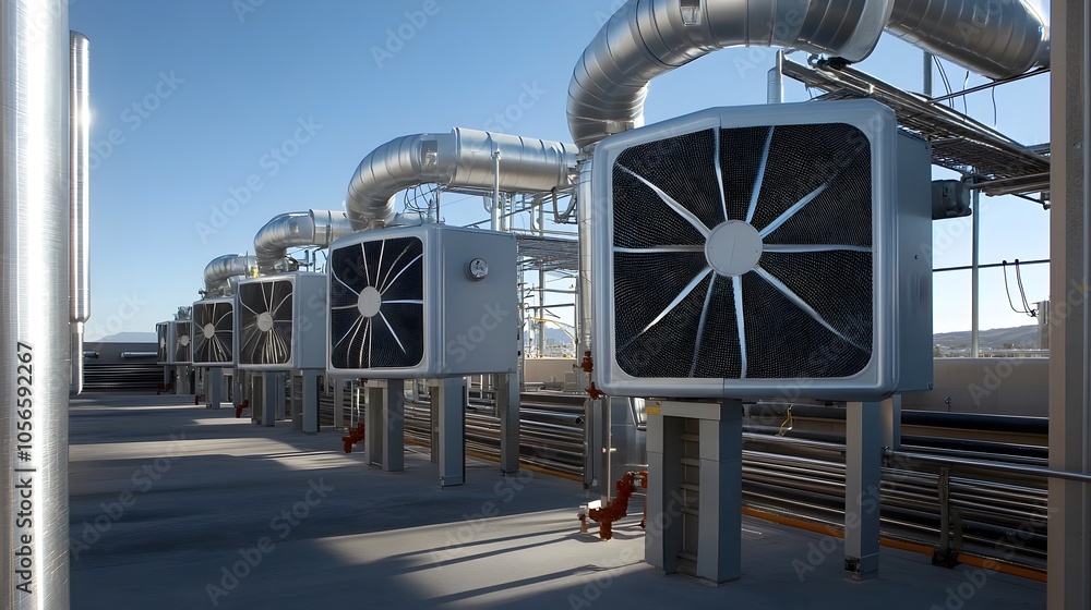 Obraz premium Efficient Industrial Cooling System with Metal Fans and Ductwork
