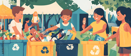 Innovative Recycling Activities in Different Locations: Engaging Scenes of Volunteers, Teens, and Children Participating in Eco-Friendly Efforts Across Parks, Beaches, Schools, and Festivals