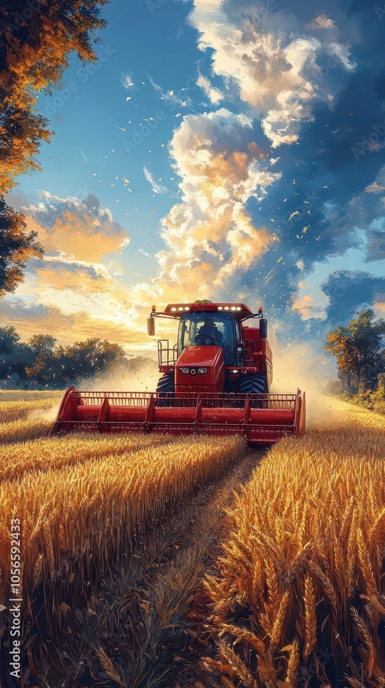 efficient crop harvest depicted through a powerful combine harvester working through golden cereal fields showcasing the beauty of agriculture and farming processes under a bright sunny sky efficient crop harvest depicted through a powerful combine harvester working through golden cereal fields showcasing the beauty of agriculture and farming processes under a bright sunny sky