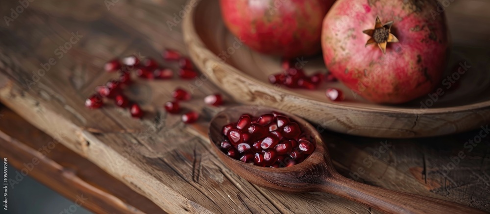 Pomegranate Seed In A Wooden Plate Wooden Spoon Pomegranate Lying On The Table Pomegranate Seed In A Wooden Plate Wooden Spoon Pomegranate Lying On The Table