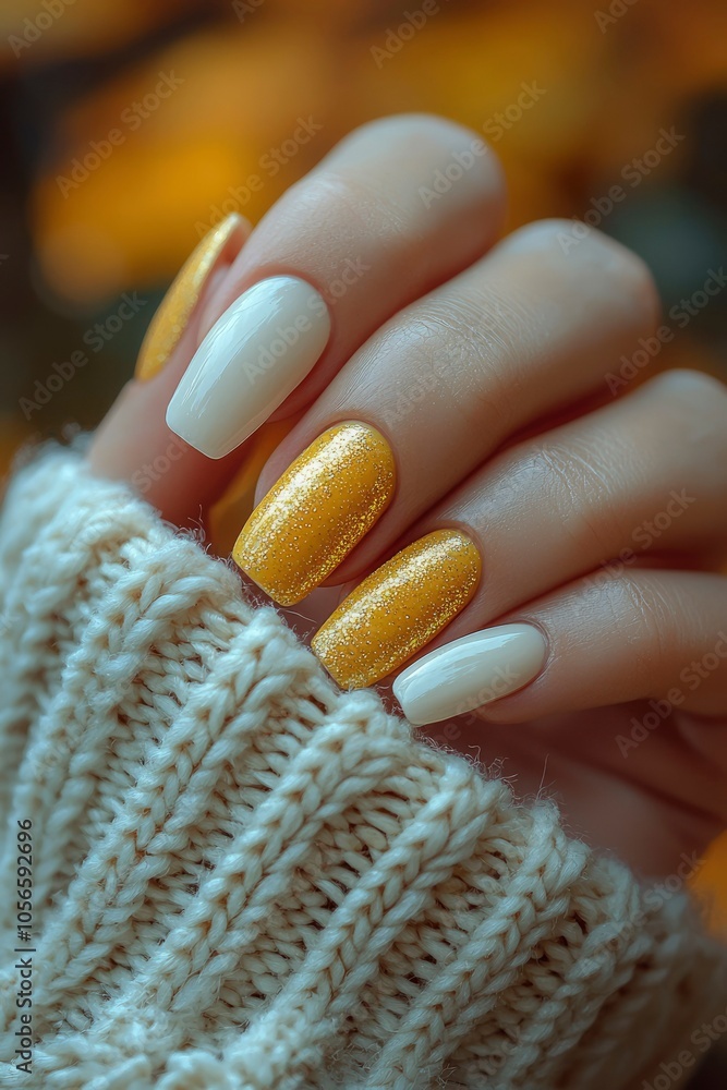 Close-up of a hand with white and gold glitter nail polish resting on a white knit fabric Close-up of a hand with white and gold glitter nail polish resting on a white knit fabric