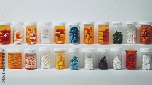 Variety of pharmaceutical pills and prescription containers photo