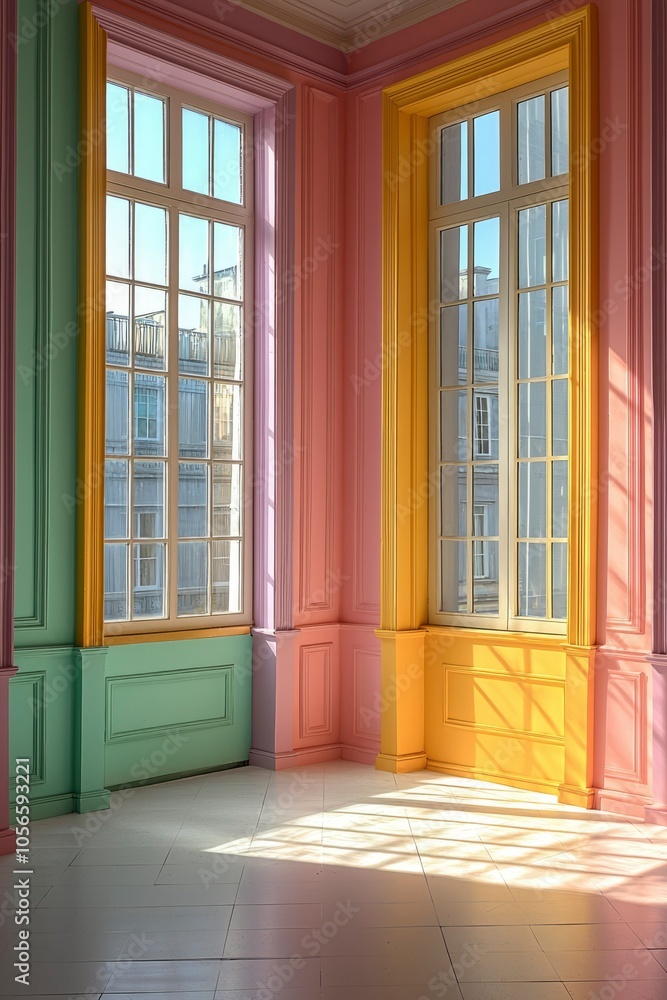 Two Windows in a Room with Colorful Walls and a Tiled Floor Two Windows in a Room with Colorful Walls and a Tiled Floor
