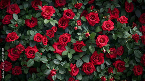 Fototapeta Naklejka Na Ścianę i Meble -  Natural fresh red roses flowers pattern wallpaper. top view, Red rose flower wall background