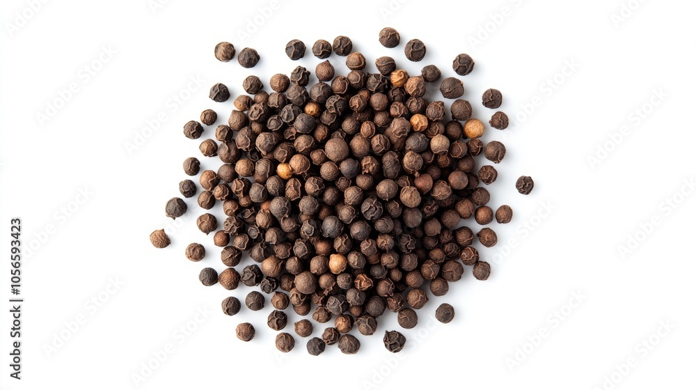 Heap of black pepper seeds isolated on a white background viewed from above Heap of black pepper seeds isolated on a white background viewed from above