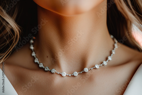 A close up look at an elegant diamond station necklace worn by a young woman