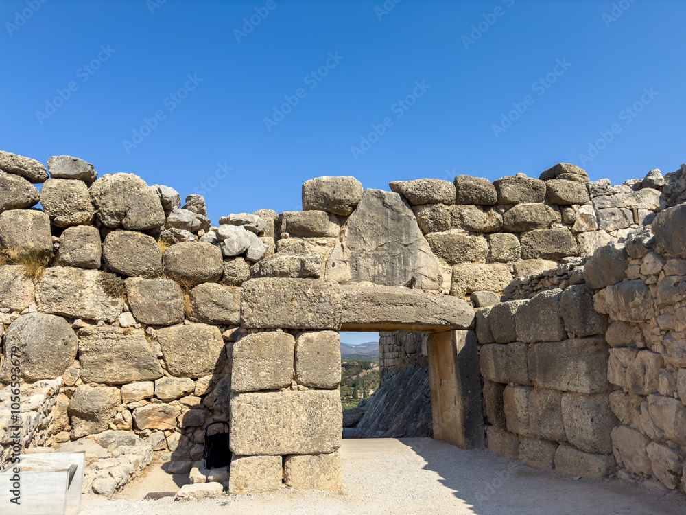 Mycenae, Greece. Main entrance of the citadel, Lion gate and cyclopean masonry at the archaeological site