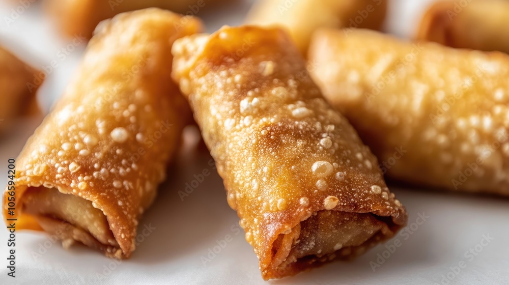 Close up of crispy egg rolls against a simple white backdrop Close up of crispy egg rolls against a simple white backdrop