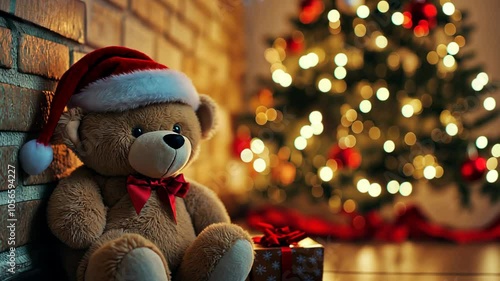 Wallpaper Mural cute teddy bear wearing Christmas red cap with present boxes at home with bokeh light of Christmas tree	
 Torontodigital.ca