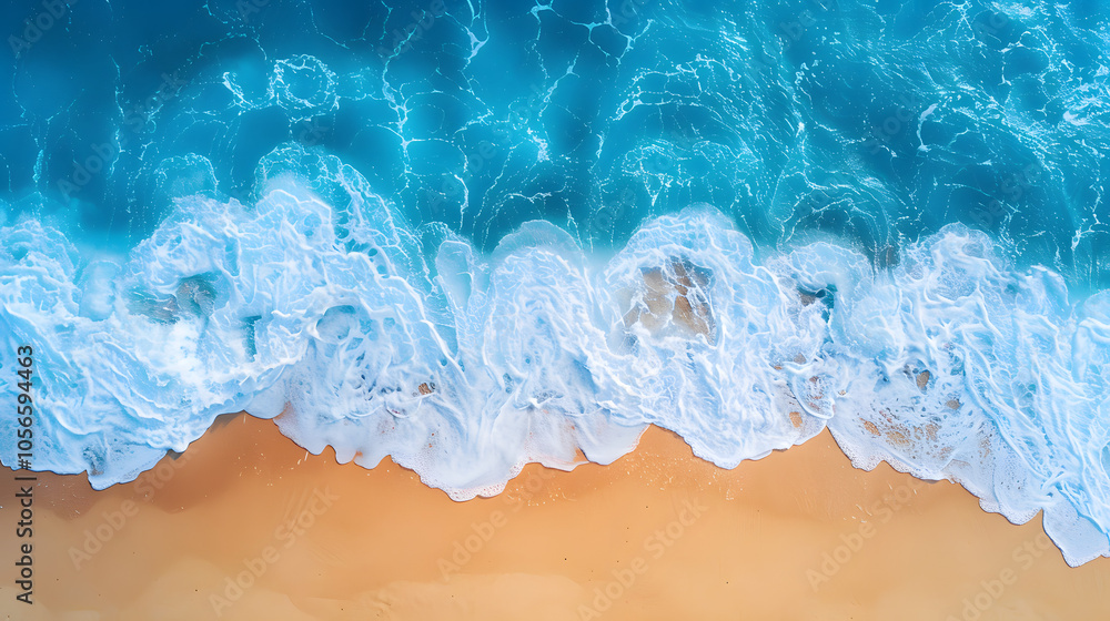 Ocean waves on the beach as a background. Beautiful natural summer vacation holidays background. Aerial top down view of beach and sea with blue water waves Ocean waves on the beach as a background. Beautiful natural summer vacation holidays background. Aerial top down view of beach and sea with blue water waves