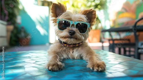 Wallpaper Mural A small dog with sunglasses relaxes on a table Torontodigital.ca