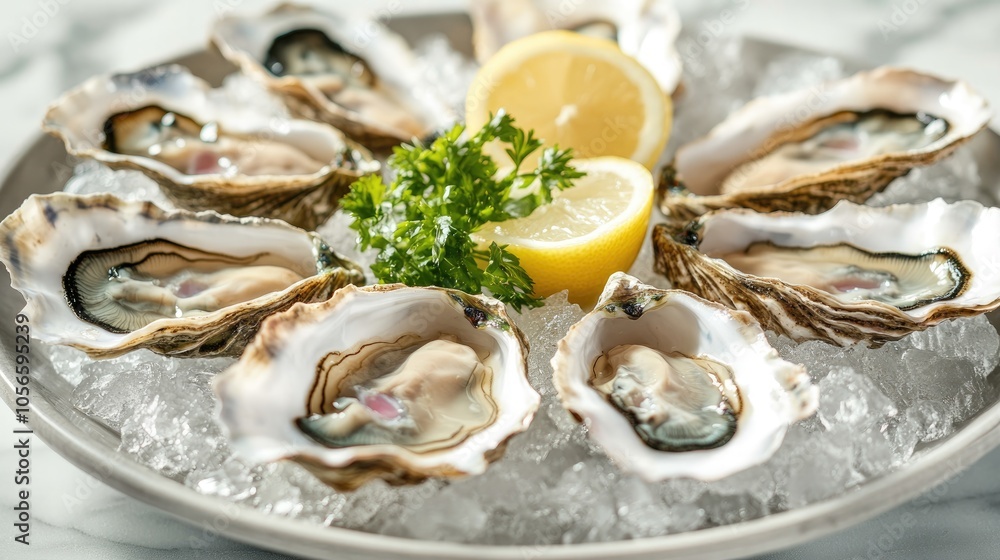 Fresh oysters on an ice platter A luxurious seafood delicacy served with lemon Fresh oysters on an ice platter A luxurious seafood delicacy served with lemon
