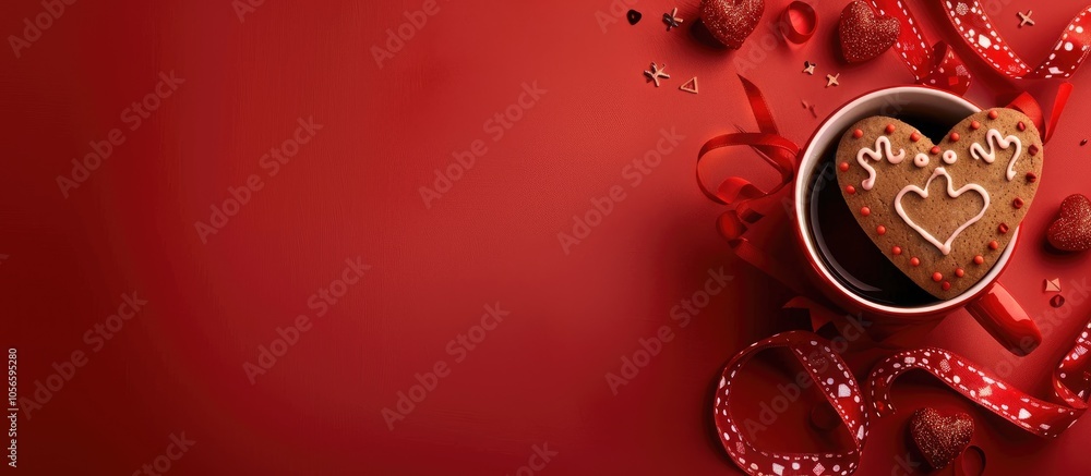 Red Cup With Gingerbread Heart And Red Ribbon On Red Background Valentine S Day Holiday The Mocap Copyspace Red Cup With Gingerbread Heart And Red Ribbon On Red Background Valentine S Day Holiday The Mocap Copyspace