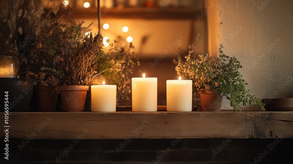 Lit candles brighten a rustic wooden mantel decorated with small plants and dried foliage fostering a warm and tranquil ambiance Lit candles brighten a rustic wooden mantel decorated with small plants and dried foliage fostering a warm and tranquil ambiance