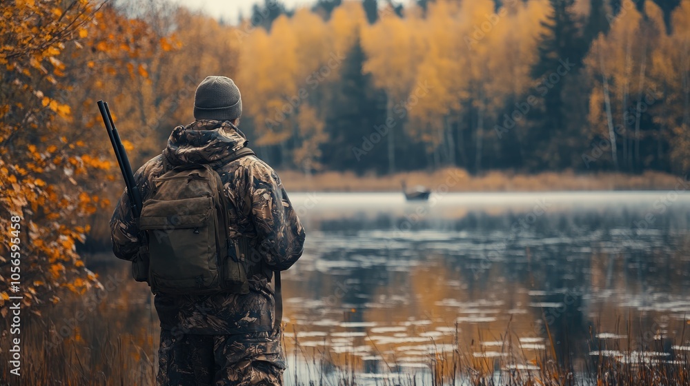 Hunting for wild ducks in a lake A hunter wears camouflage attire and carries a hunting rifle Hunting for wild ducks in a lake A hunter wears camouflage attire and carries a hunting rifle