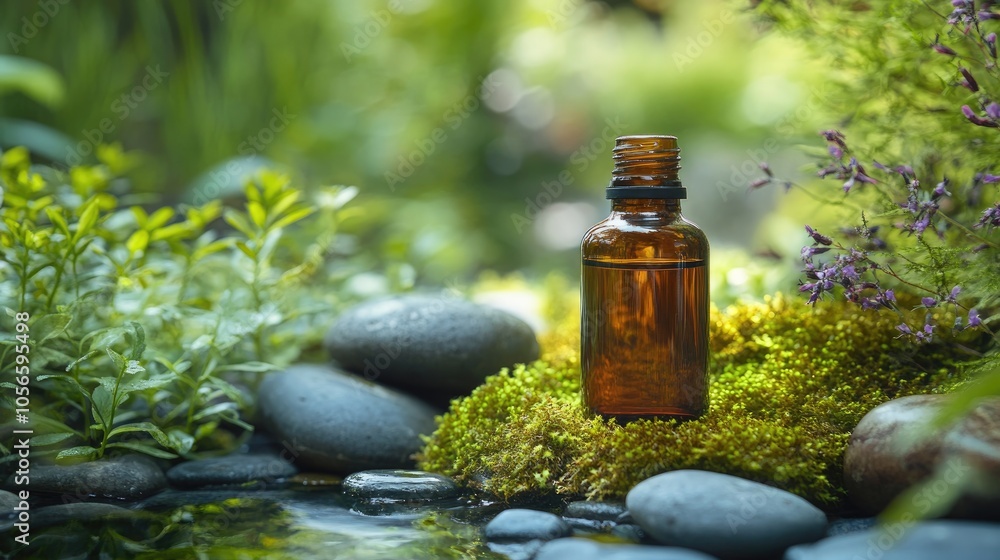 Glass bottle resting on stones and moss against a natural backdrop showcasing natural cosmetics with herbs aromatherapy and essential oils Glass bottle resting on stones and moss against a natural backdrop showcasing natural cosmetics with herbs aromatherapy and essential oils