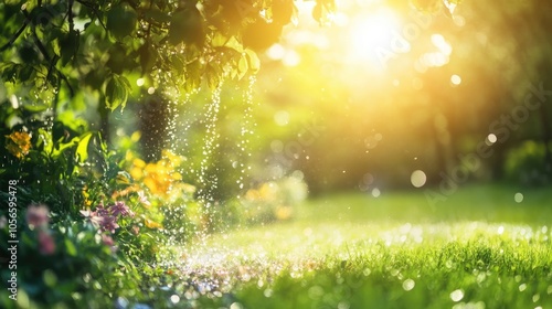 Sprinkler irrigating lush green grass in a vibrant garden under bright sunlight