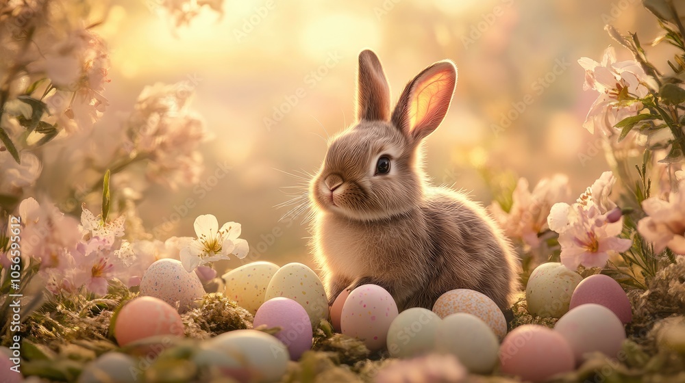Easter card featuring a fluffy bunny surrounded by delicate flowers and pastel eggs illuminated by a warm sunrise glow with ample copy space Easter card featuring a fluffy bunny surrounded by delicate flowers and pastel eggs illuminated by a warm sunrise glow with ample copy space