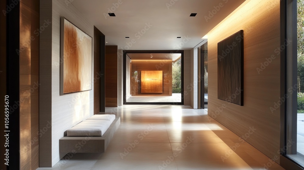 Contemporary minimalist entrance hall featuring natural light materials and modern art displayed on the walls Contemporary minimalist entrance hall featuring natural light materials and modern art displayed on the walls