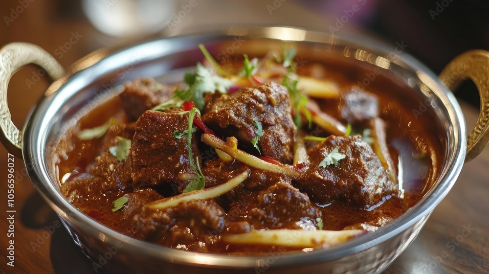 Beef curry Kadai nihari a popular dish from Pakistani Indian cuisine presented in a stylish metal bowl Beef curry Kadai nihari a popular dish from Pakistani Indian cuisine presented in a stylish metal bowl