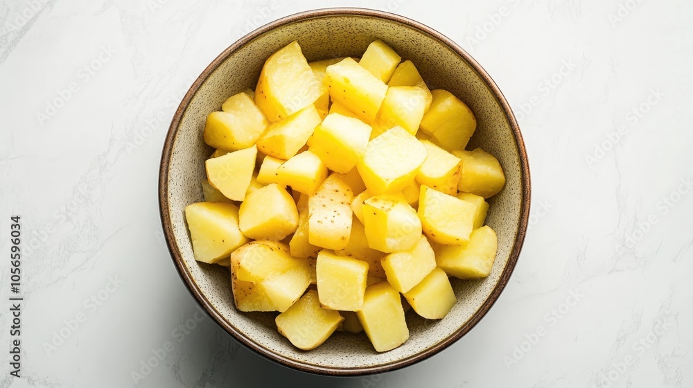 Diced potato in a bowl against a white backdrop Diced potato in a bowl against a white backdrop