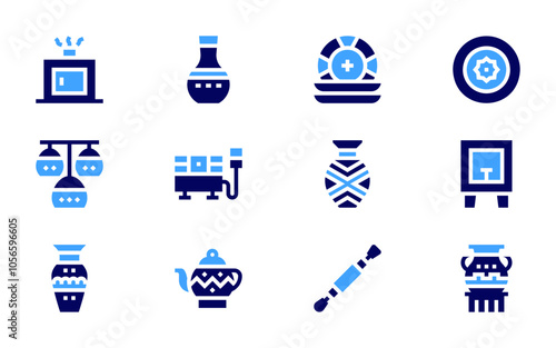 Pottery icon set. Bold style. Duotone colors. stove, plates, dish, vase, chandeliers, electric, teapot, spray, tool, ceramic