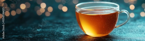 A clear cup filled with aromatic tea, set against a blurred background with soft lighting.