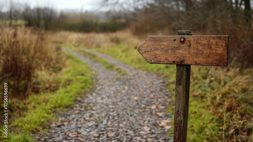 Wooden signpost indicating a public footpath along a gravel track devoid of any people