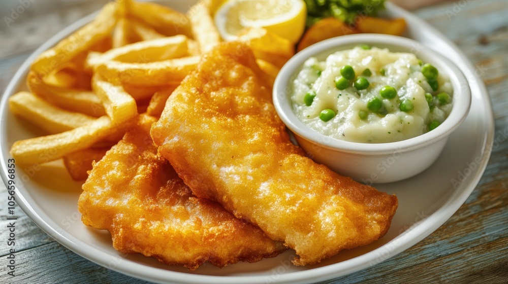 Classic fish and chips served with pea puree and tartar sauce Classic fish and chips served with pea puree and tartar sauce