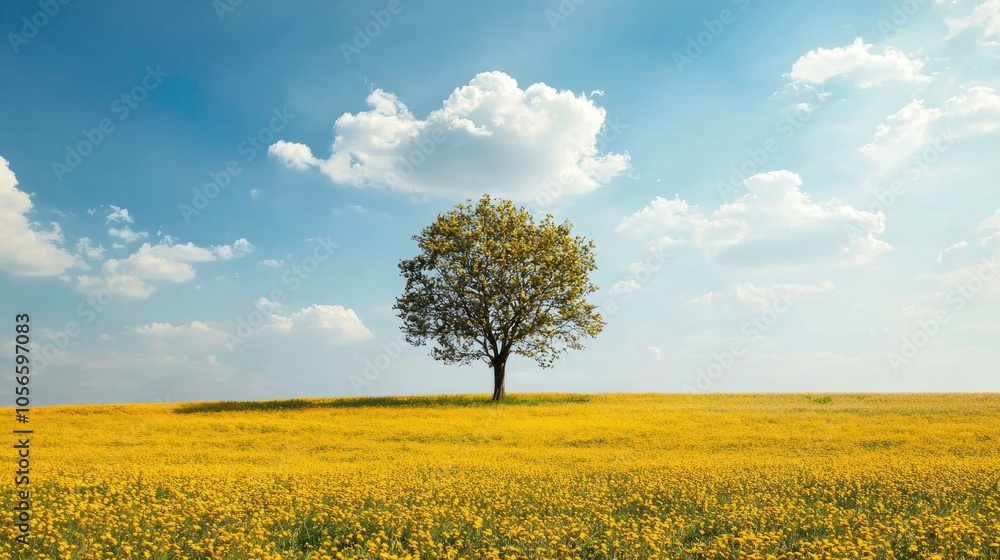 On The Horizon A Lonely Tree Under A Blue Sky With White Clouds In Front Of It A Yellow Blossoming Field On The Horizon A Lonely Tree Under A Blue Sky With White Clouds In Front Of It A Yellow Blossoming Field