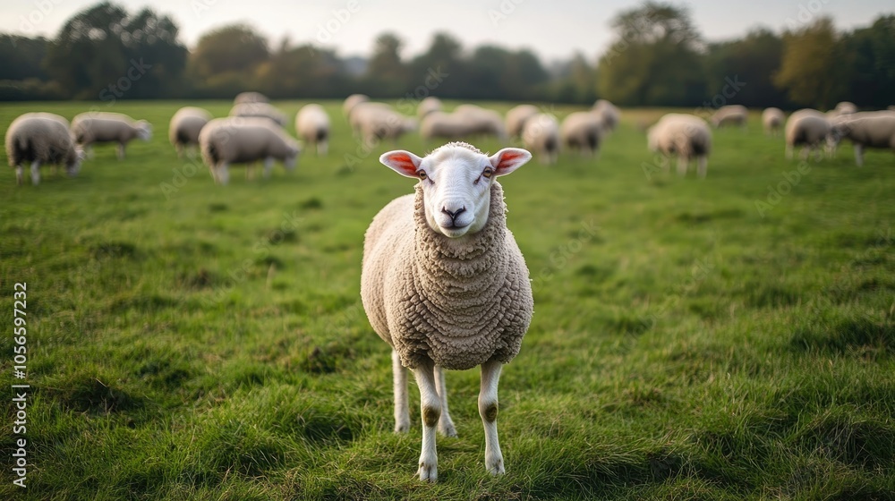 Sheep grazing in a meadow with one sheep facing the camera while the rest of the herd is visible in the background Sheep grazing in a meadow with one sheep facing the camera while the rest of the herd is visible in the background