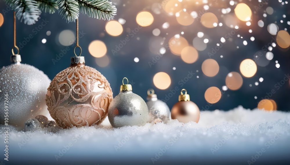 Elegant Christmas Ornaments in Snowy Setting Elegant Christmas Ornaments in Snowy Setting
