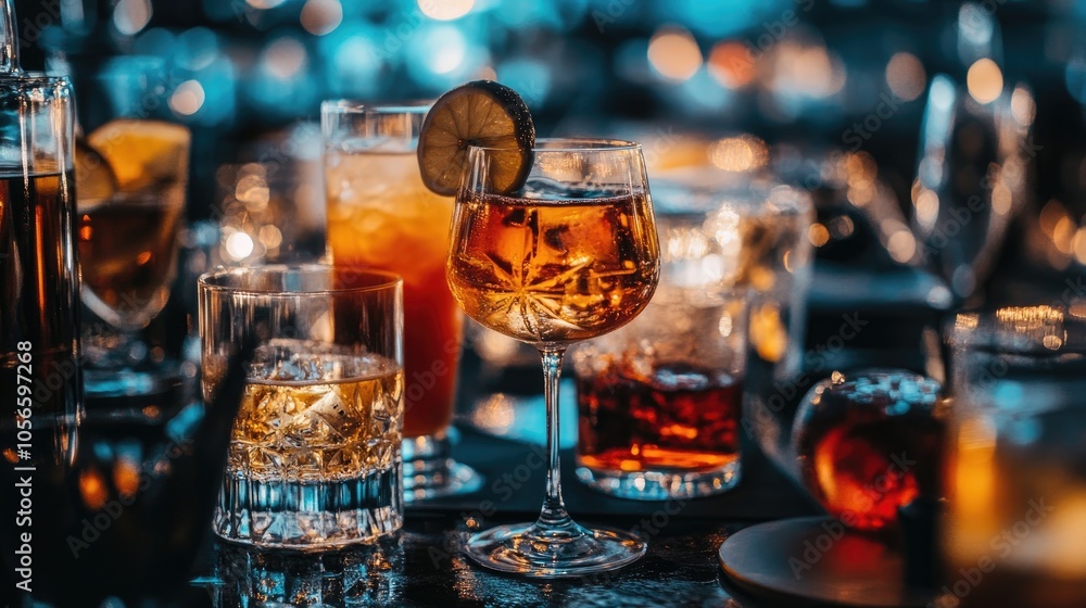 Variety of alcoholic beverages served at a festive event in a nightclub setting Variety of alcoholic beverages served at a festive event in a nightclub setting