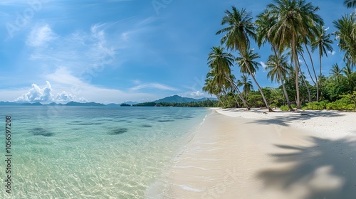 Beautiful tropical beach banner. White sand and coco palms travel tourism wide panorama background concept. Amazing beach landscape. 