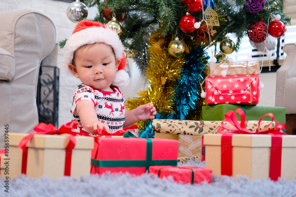 Cute boy in red celebrating Christmas, Happy New Year. Cute boy in red celebrating Christmas, Happy New Year.