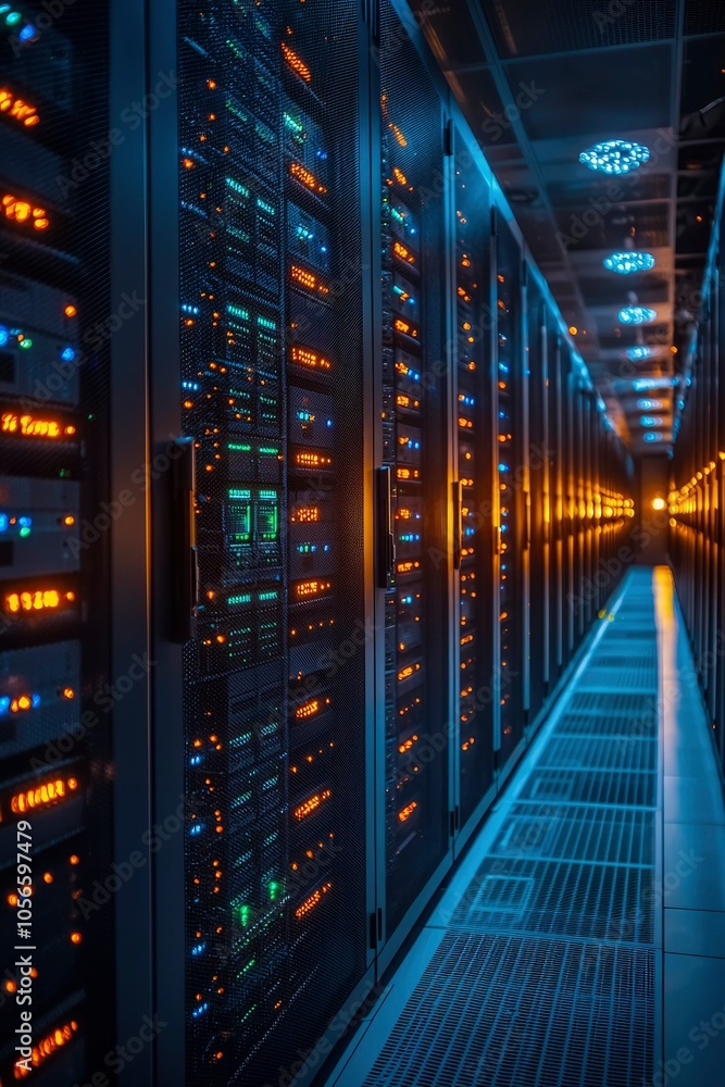 Server Room with Rows of Illuminated Data Cabinets Server Room with Rows of Illuminated Data Cabinets