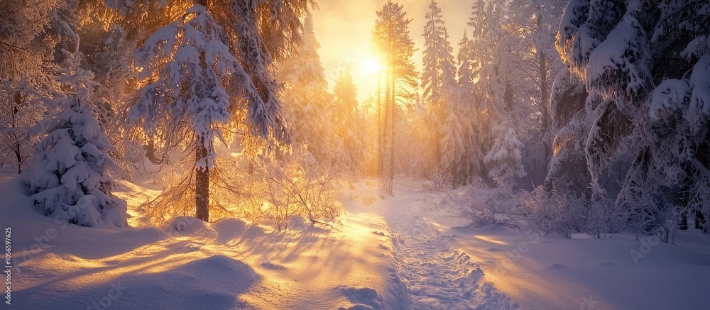 Sunlight Lighting Path Through Snowy Woods Sunlight Lighting Path Through Snowy Woods