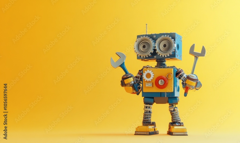 Robot with wrenches on yellow background Robot with wrenches on yellow background