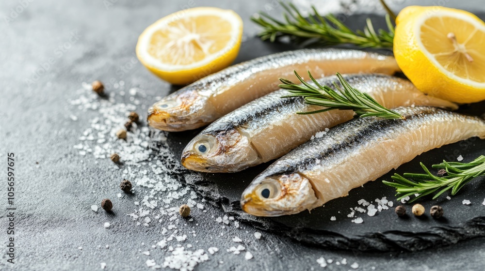 Salted herring garnished with lemon and rosemary against a gray backdrop A classic culinary treat presented in a vintage style
