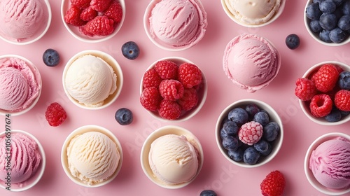 Assorted ice cream flavors featuring blueberries raspberries and strawberries on a pink backdrop viewed from above