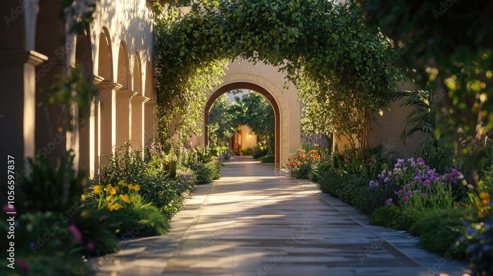 A tranquil environment showcases gentle illumination graceful arches and lush greenery fostering a welcoming ambiance ideal for branding opportunities A tranquil environment showcases gentle illumination graceful arches and lush greenery fostering a welcoming ambiance ideal for branding opportunities