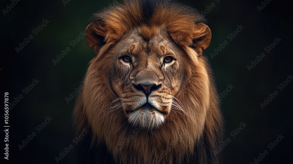 Close up portrait of a majestic lion captured through macro photography against a dark backdrop Close up portrait of a majestic lion captured through macro photography against a dark backdrop
